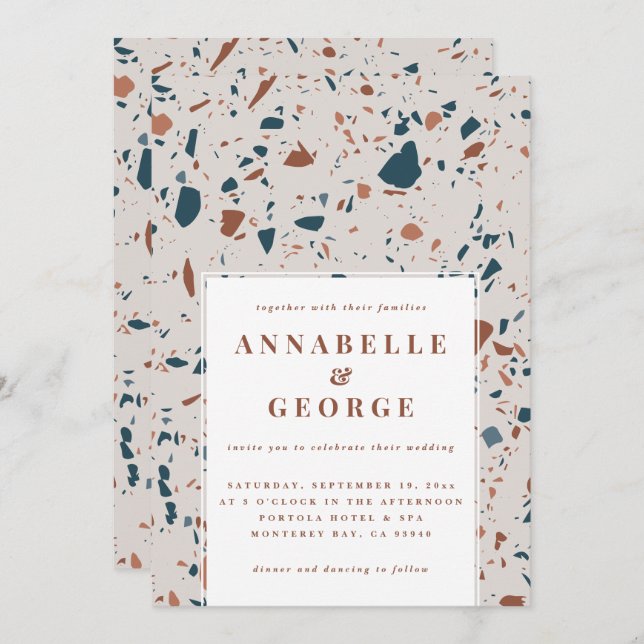 Naturterrazzo-typografi nutida bröllop-meddelande meddelande (Fram/baksida)