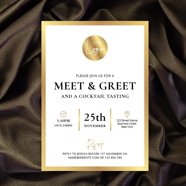 Nätverksmöte och hälsningshändelse för elegant Gul Inbjudningar (White and gold business meet & greet event invitation with fully editable text & space for your logo)