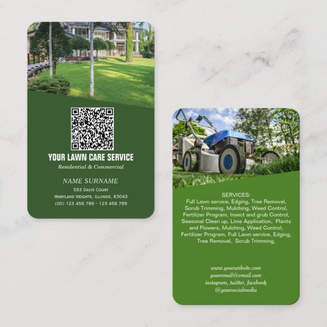 NätverksQR-lodrät Lawncare Business Car Visitkort (Fram/baksida)