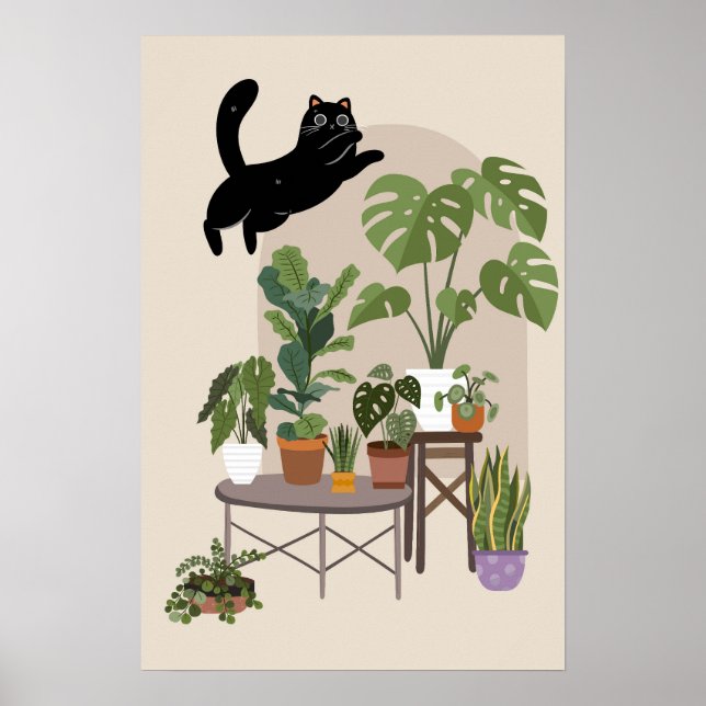 Naughty Black Cat & Monstera Jungle Poster (Framsidan)