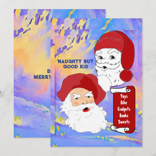 Naughty, Bra Kid Santa's List Blue Julkort