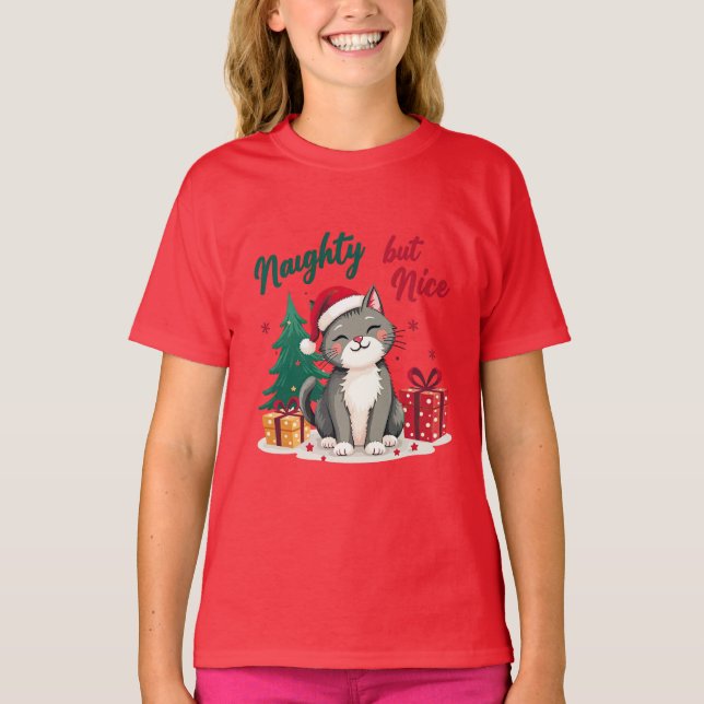 Naughty But Nice Cat Christmas T-shirt (Framsida)