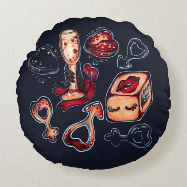 Naughty Dice & Champagne Adult Humor Dark Romantic Rund Kudde (Framsidan)