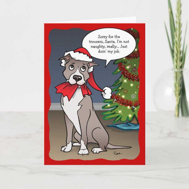 Naughty Dog Rolig Santa Pitbull Jul Helgkort (Framsida)