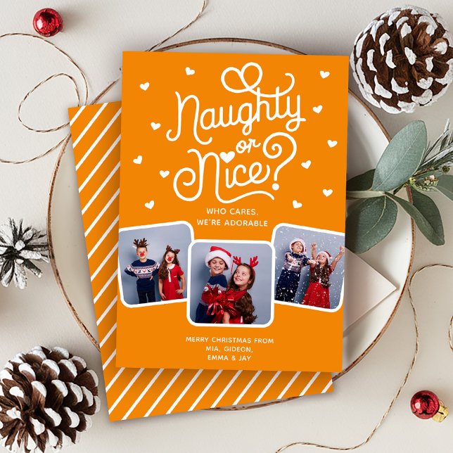 Naughty eller Nice Funny Cute Syskon Family 3-foto Julkort (Skapare uppladdad)