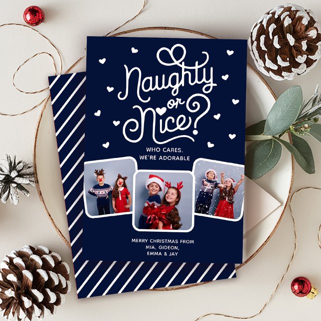 Naughty eller Nice Funny Cute Syskon Family 3-foto Julkort (Skapare uppladdad)