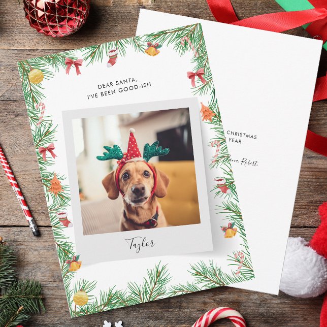 Naughty eller Nice Funny Pet Hund Anpassningsbar j Julkort (Pet Dog Photo Christmas Greetings Card)