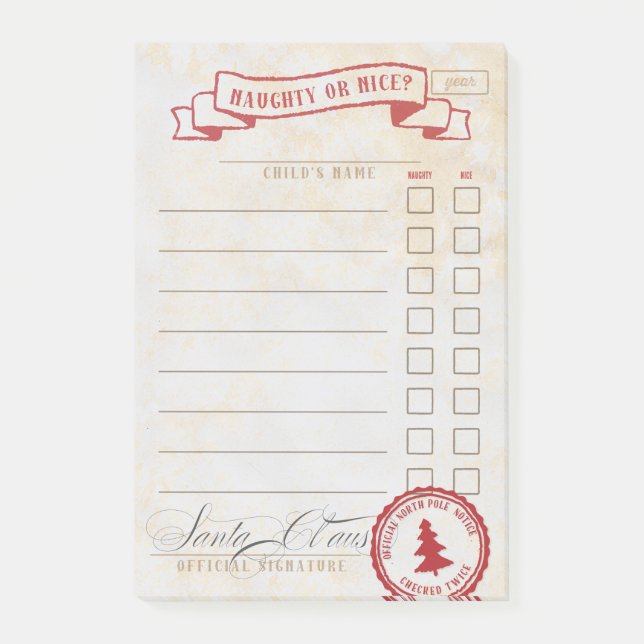 Naughty eller Nice Jultomten Checklist Post-it Block (Framsida)