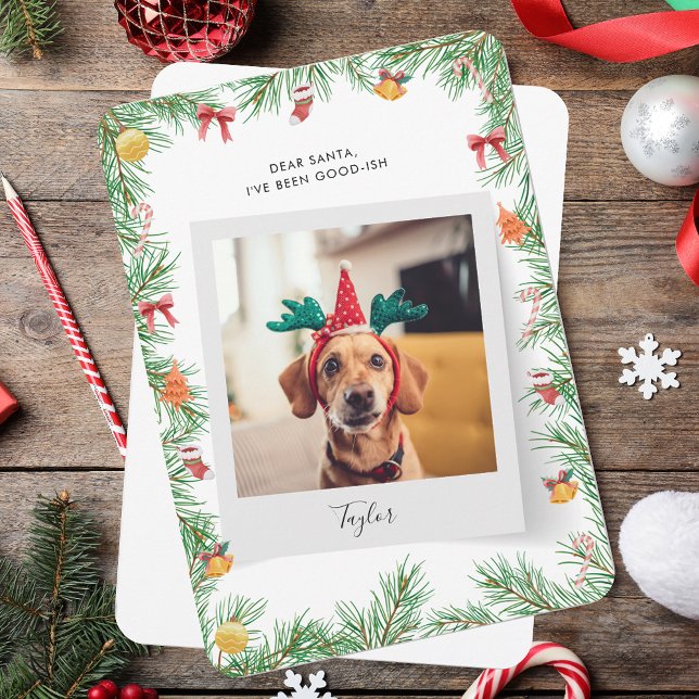 Naughty eller Nice Rolig hund Photo jul Julkort (Naughty or Nice Funny Dog Photo Christmas Holiday Card)