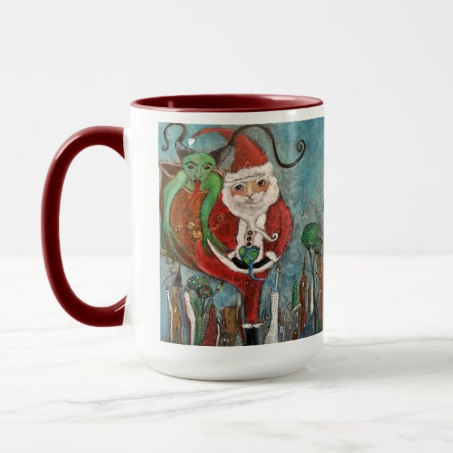 Naughty eller Nice Santa och Krampus Whimsical Art Mugg (Vänster)