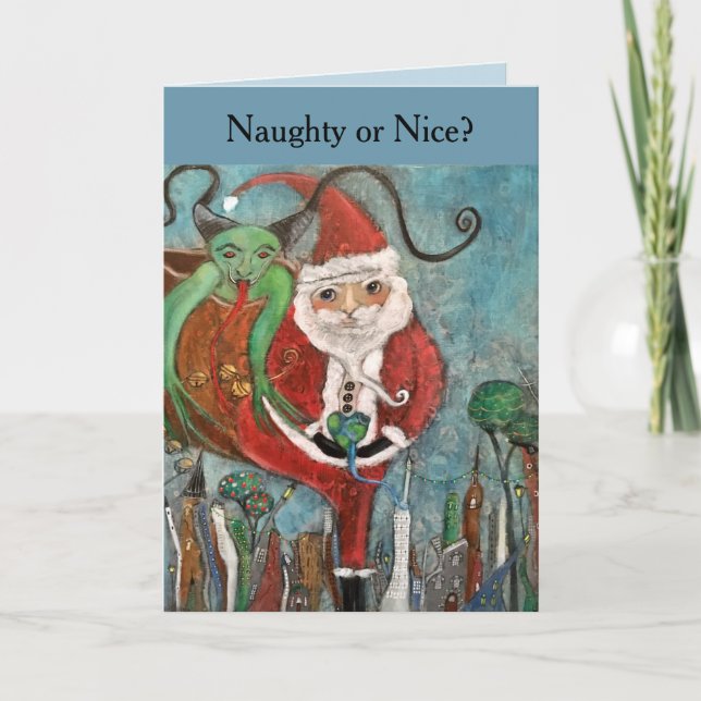 Naughty eller Nice Whimsical Art jul Helgkort (Framsida)
