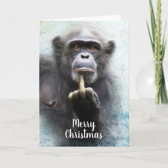 Naughty Funny Chimpanzee Mitten Finger jul Helgkort (Framsida)