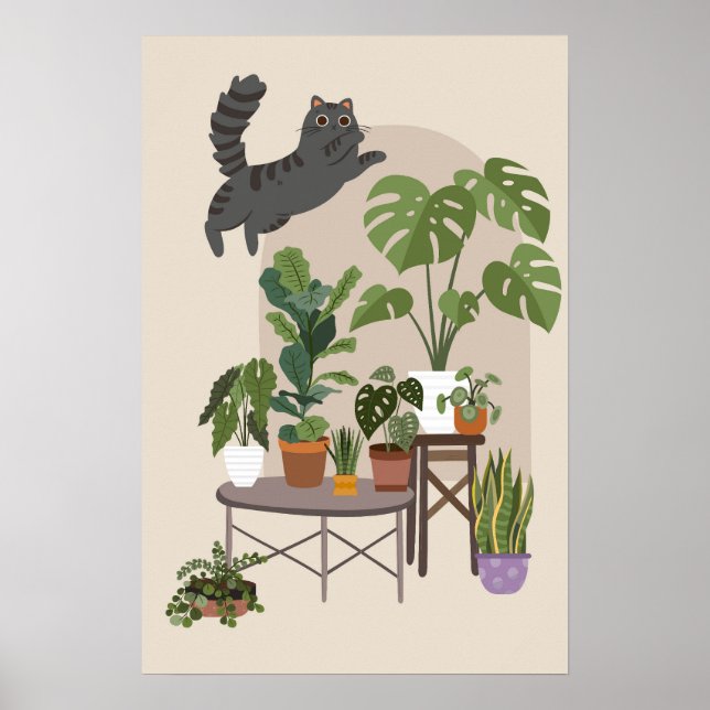 Naughty Grey Tabby Cat & Monstera Jungle Poster (Framsidan)