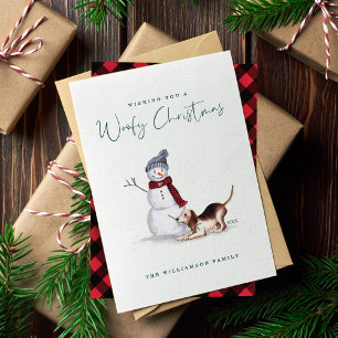 Naughty Hund Watercolor Beagle med Snögubbe Julkort