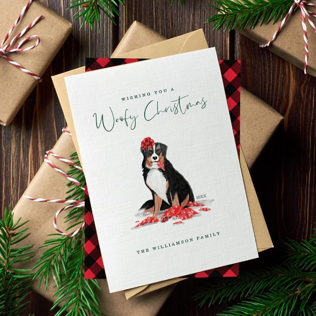 Naughty Hund Watercolor Burnese Mountain Chew Gift Julkort (Naughty Dog Watercolor Burnese Mountain Chew Gift Holiday Card)