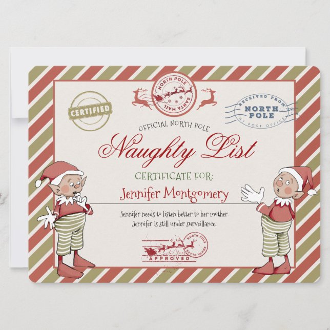 Naughty List-certifikat från Tomte Inbjudningar (Framsida)
