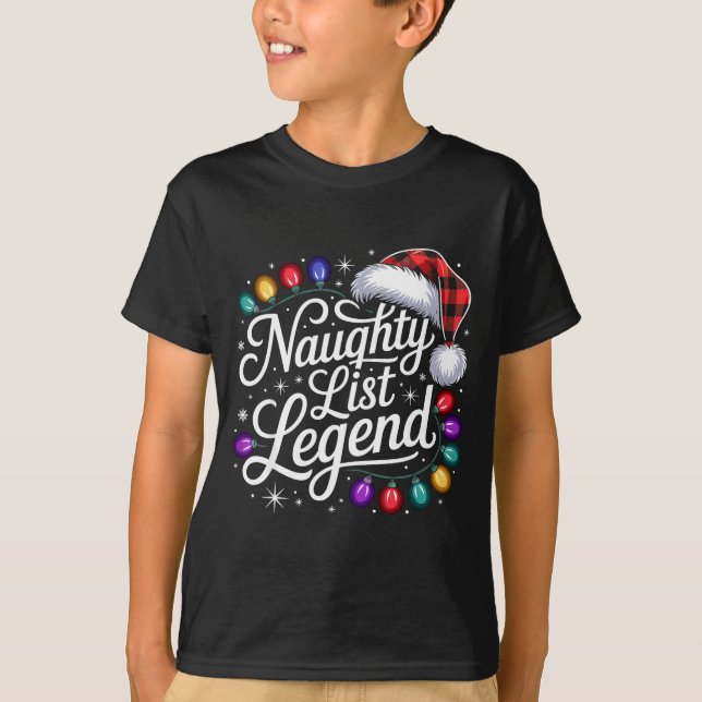 Naughty List Legend Xmas Lights Buffalo Plaid Red  T Shirt (Framsida)
