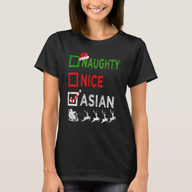Naughty Nice Asian jul Pajamas Santa Hat Xma T Shirt (Framsida)