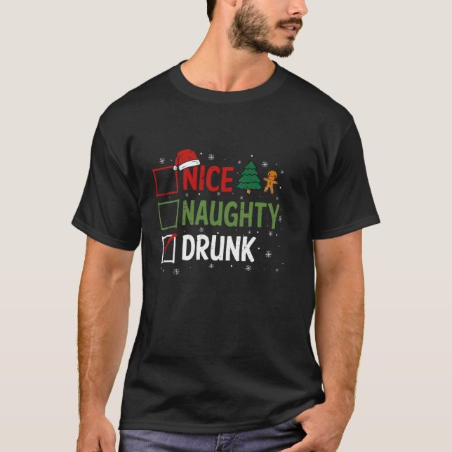 Naughty Nice Drunk jul Pajamas Funny Santa H T Shirt (Framsida)