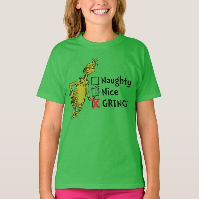 Naughty, Nice eller Grinch T Shirt (Framsida)