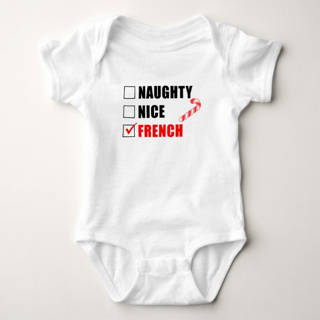 Naughty Nice Fransk Santa List Baby Bodydräkt T Shirt (Framsida)