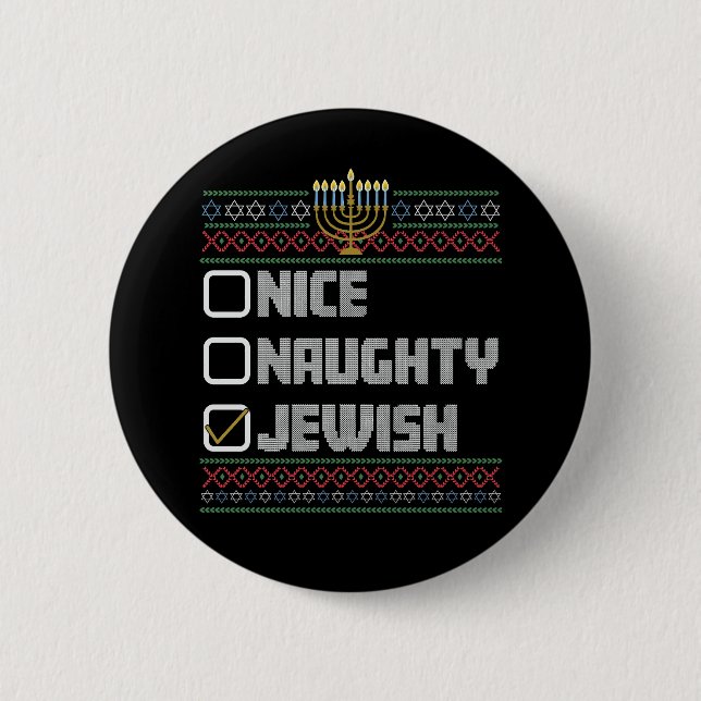 Naughty Nice Jewish Santa Ugly jul Hanukkah Knapp (Framsida)