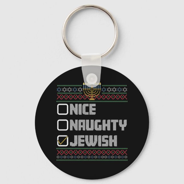 Naughty Nice Jewish Santa Ugly jul Hanukkah Nyckelring (Framsida)