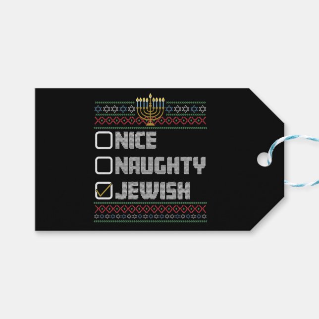 Naughty Nice Jewish Santa Ugly jul Hanukkah Presentetikett (Framsidan (Horisontell))