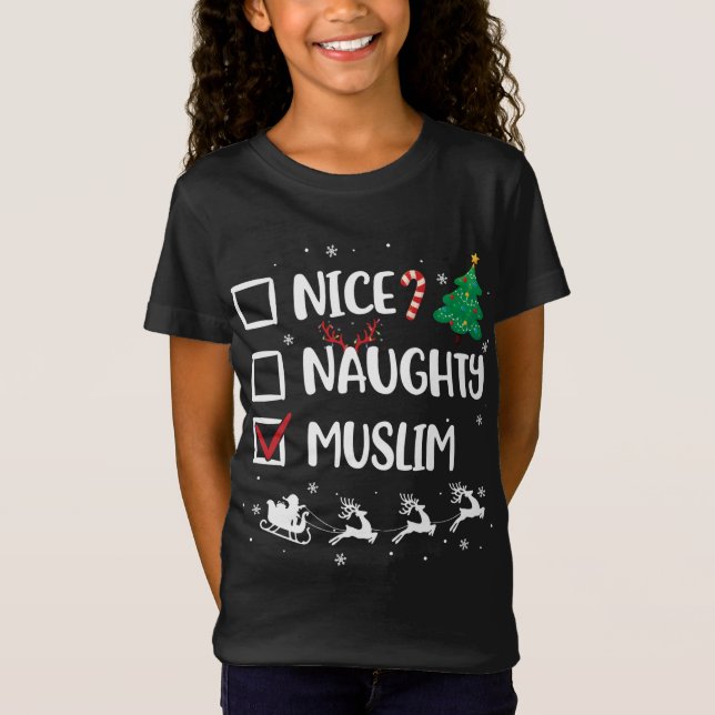 Naughty Nice Muslim Jul Funny Santa Hat-Xma T Shirt (Framsida)