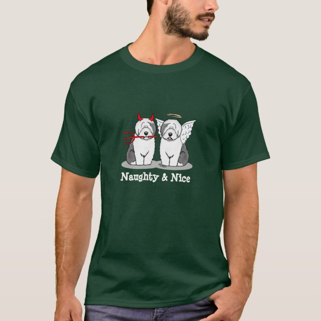 Naughty & Nice Old English Sheepdog (Grått 1) T Shirt (Framsida)