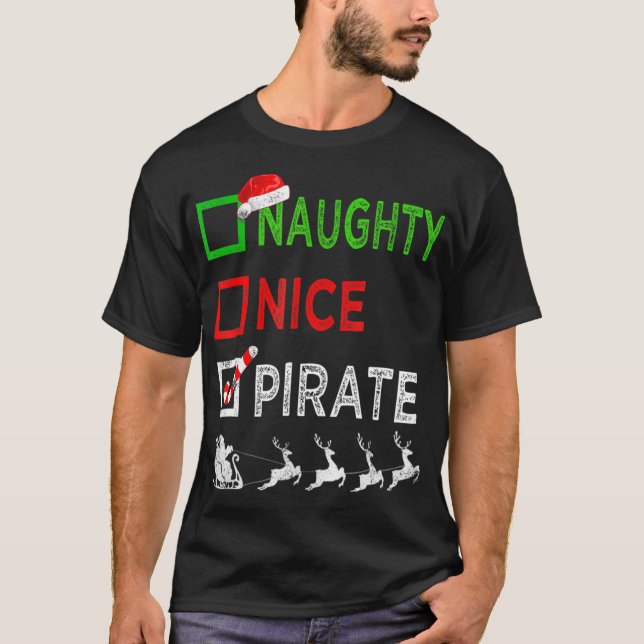 Naughty Nice Pirat julfuny Santa Reindeer T Shirt (Framsida)