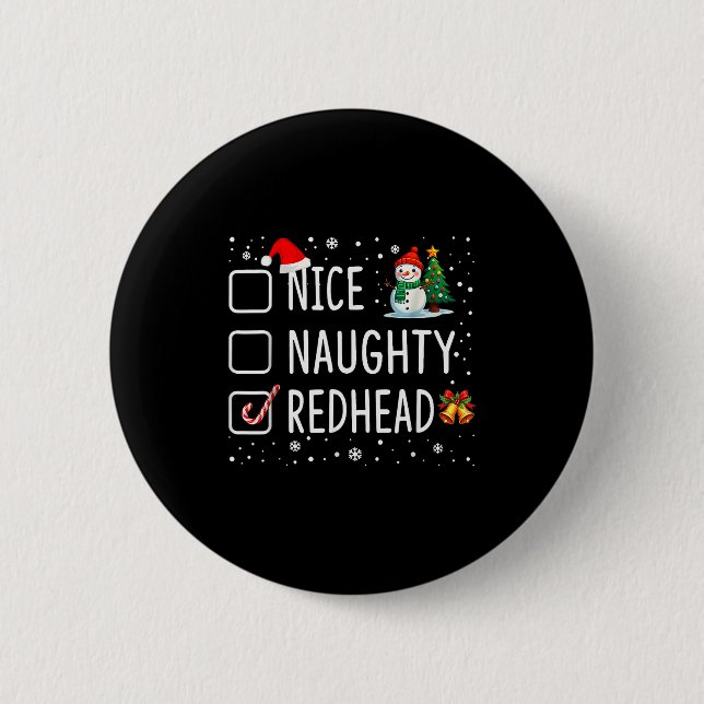 Naughty Nice Redhead Christmas Pajamas Funny Santa Knapp (Framsida)