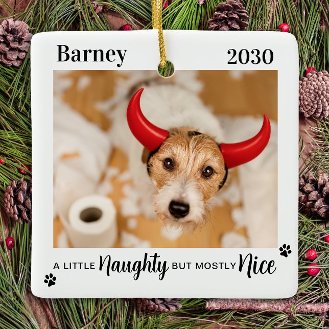 Naughty Nice Rolig hund Pet Photo jul Julgransprydnad Keramik (Skapare uppladdad)