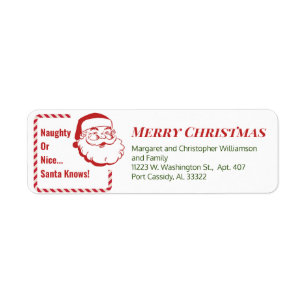 Naughty Nice Santa Red Candy cane Returadress Etikett