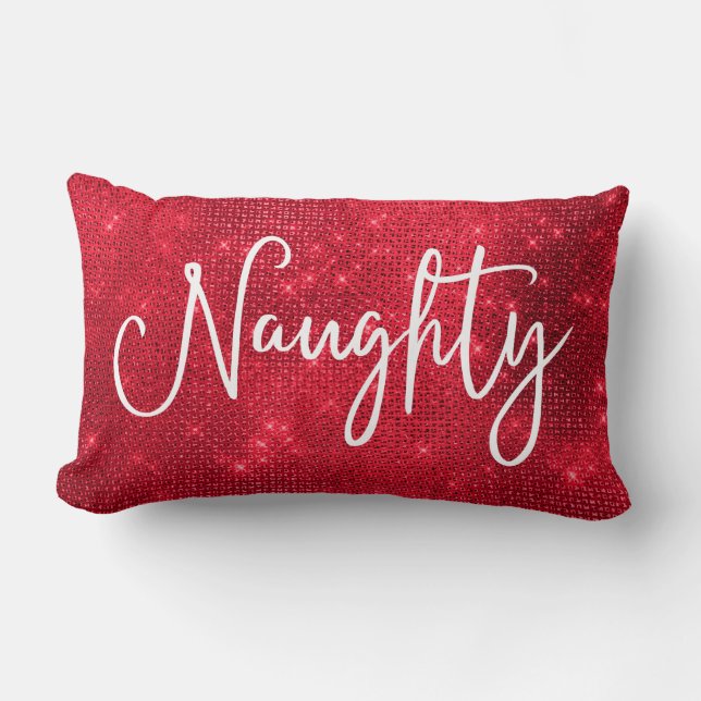 Naughty Nice Sparkly Red White Glitter Sequin Lumbarkudde (Framsida)