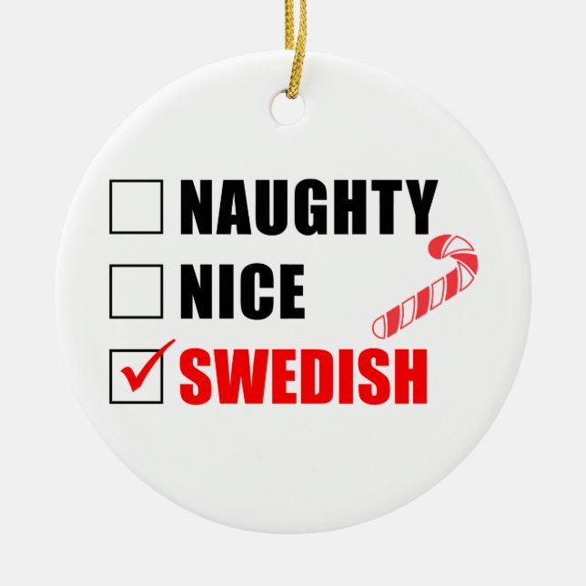 Naughty Nice Swedish Candy cane Ceramic Ornamic Julgransprydnad Keramik (Framsidan)