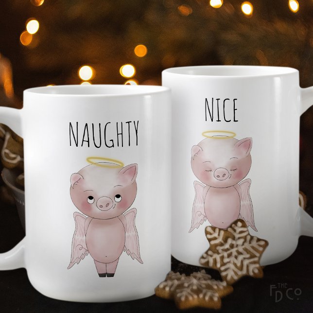 Naughty or Nice Cute Holiday Angel Pig Cartoon Kaffemugg (Skapare uppladdad)