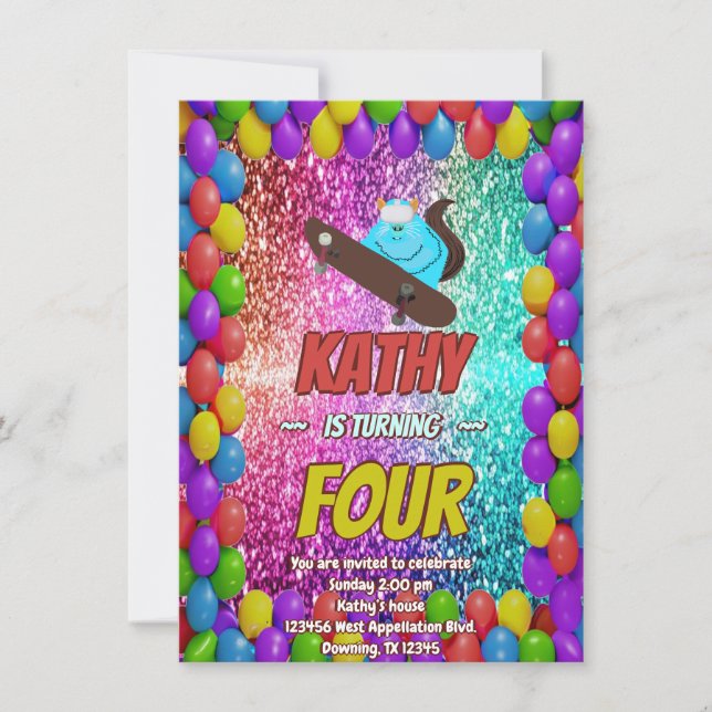 Naughty Squirrel Skateboard Födelsedagsfest Inbjud Inbjudningar (Framsida)