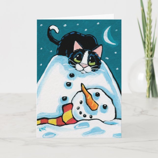 Naughty Tuxedo Cat and Headless Snögubbe Helgkort (Framsida)