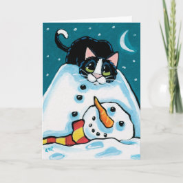 Naughty Tuxedo Cat and Headless Snögubbe Helgkort
