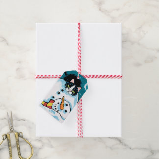 Naughty Tuxedo Cat and Snögubbe Gift Märkres Presentetikett