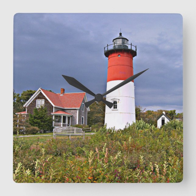 Nauset Lighthouse, Cape Cod Mass Square Wall Clock Fyrkantig Klocka (Framsida)