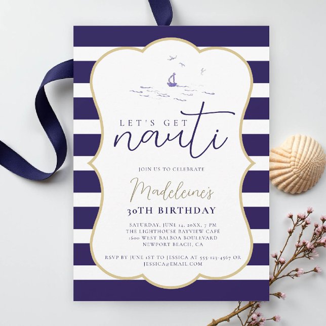Nauti Nautical Boat Party kusten 30års födelsedag Inbjudningar (nautical 30th birthday invitation women her coastal beach yacht boat sailing stripes elegant frame)