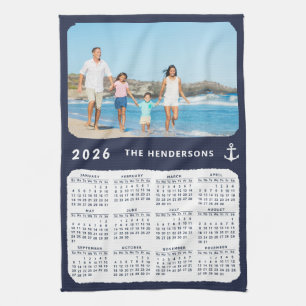 Nautical 2026 Calendar Family Photo Navy Blue Kökshandduk