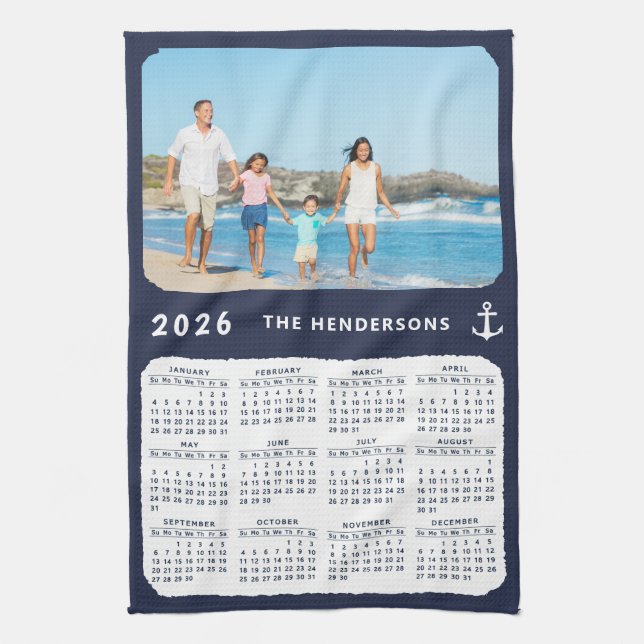 Nautical 2026 Calendar Family Photo Navy Blue Kökshandduk (Vertikal)