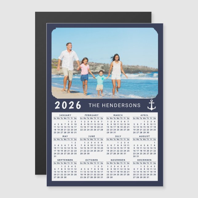 Nautical 2026 Photo Calendar Magnet Navy Blue (Fram/baksida)