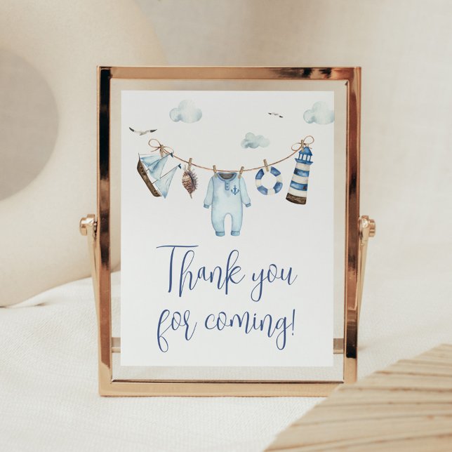 Nautical Ahoy Baby Shower Tack för ditt kort Poster (Nautical Sailor Ahoy Baby Shower Thank you for Coming Sign)