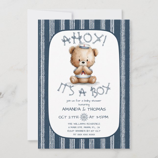 Nautical Ahoy Björn Pojke Baby Shower  Inbjudningar (Framsida)