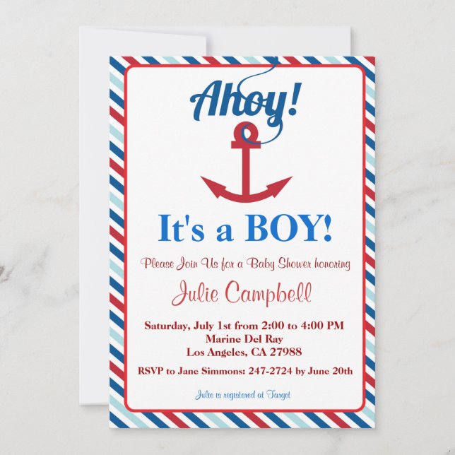 Nautical Ahoy Boy Baby Shower-inbjudan Inbjudningar (Framsida)