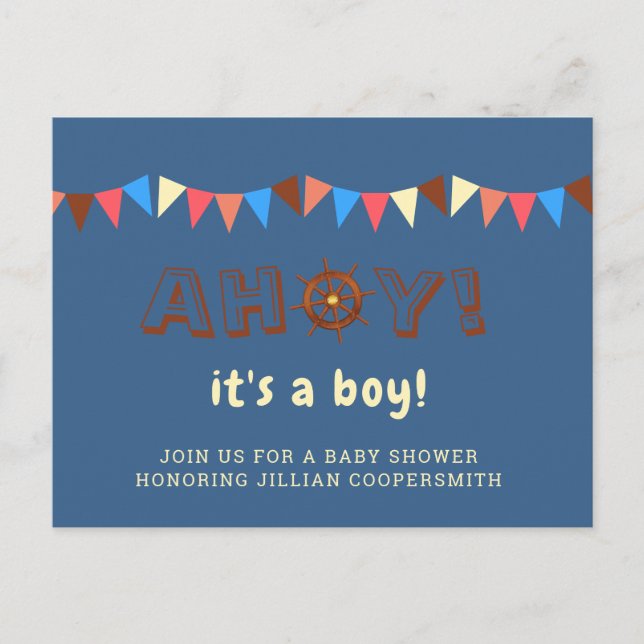 Nautical Ahoy Pojke Baby Shower Tema Helg Vykort (Framsida)